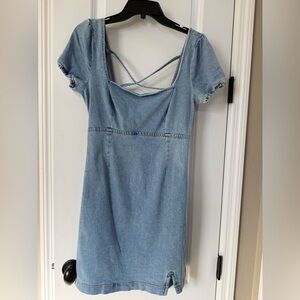 Hollister Light Blue Denim Midi Dress with Crisscross Back